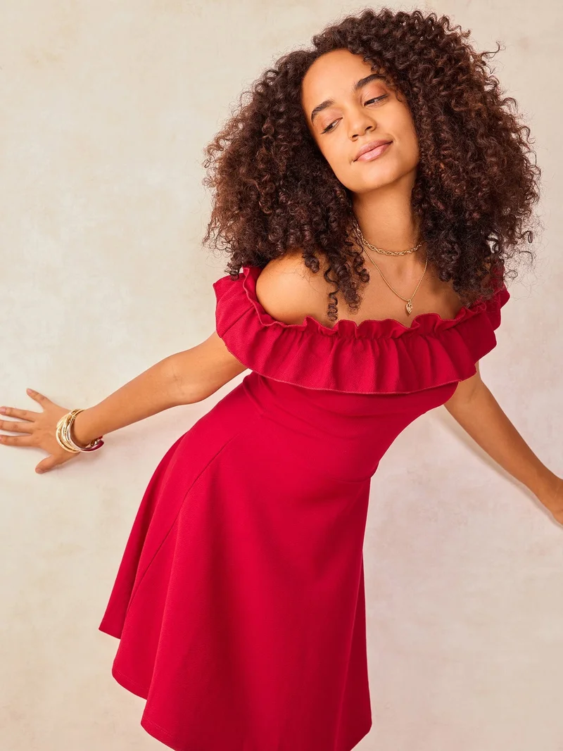 Outzidr  Wine Off-Shoulder Frilled Skater Dress for Women | Best Price UAE
